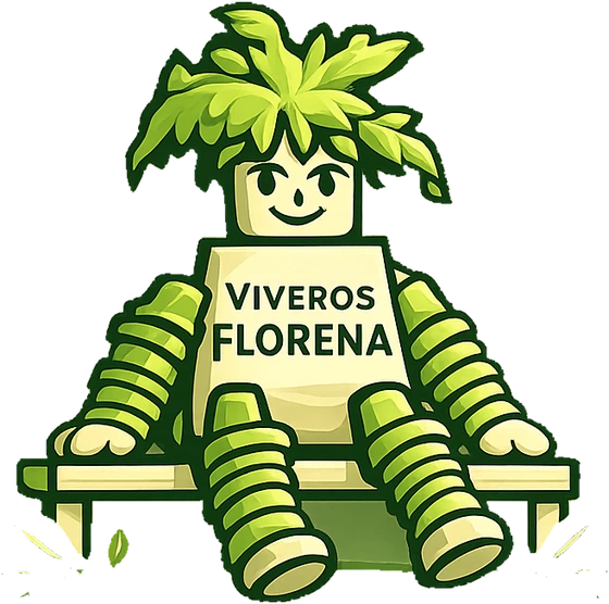Mascota de Viveros Florena sentada en un banco de jardín
